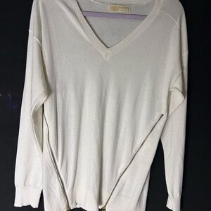 Michael Kors Cream V-Neck Sweater with Gold Zipper Accents
